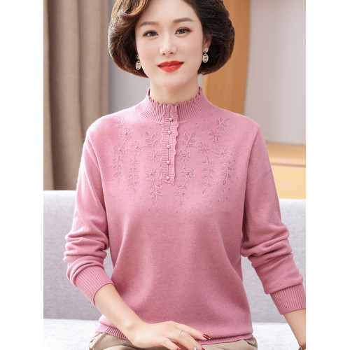 中年媽媽秋裝洋氣高領上衣40嵗50毛衣中老年女秋冬時尚毛衣打底衫