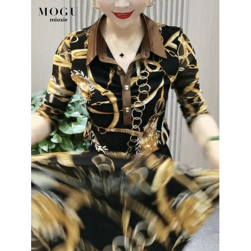 印花長袖襯衫女2025年秋季新款彈力網紗打底衫中老年媽媽女裝襯衣