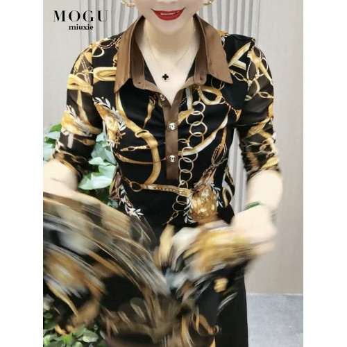 印花長袖襯衫女2025年秋季新款彈力網紗打底衫中老年媽媽女裝襯衣