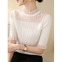 木耳邊立領中袖蕾絲網紗黑色針織打底衫女夏季2025新款五分袖上衣