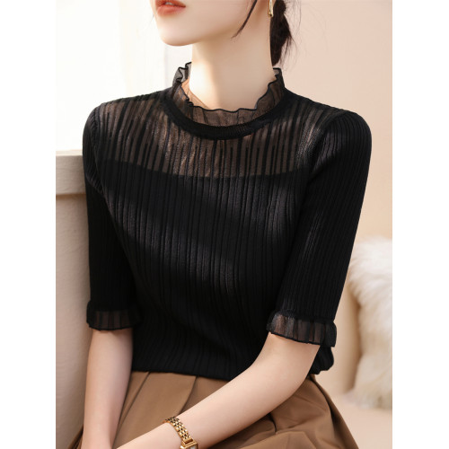 木耳邊立領中袖蕾絲網紗黑色針織打底衫女夏季2025新款五分袖上衣