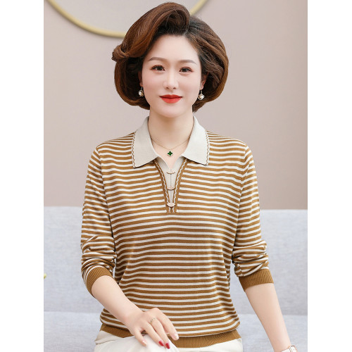 媽媽款秋裝翻領上衣 中年女長袖T恤打底衫50嵗60中老年人春秋套裝