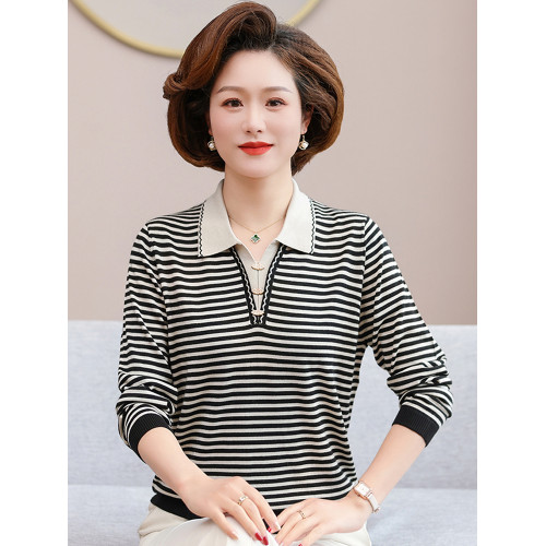 媽媽款秋裝翻領上衣 中年女長袖T恤打底衫50嵗60中老年人春秋套裝
