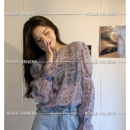 法國rouje hrners紫色微透碎花雪紡衫女喇叭長袖褶皺感打底衫上衣
