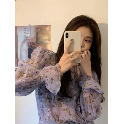 法國rouje hrners紫色微透碎花雪紡衫女喇叭長袖褶皺感打底衫上衣