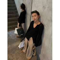 法式v領針織衫女開叉上衣2025新款氣質慵懶風修身內搭長袖打底衫