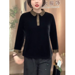 春季新款高檔金絲絨翻領大碼上衣媽媽襯衫顯瘦百搭中式小衫打底衫