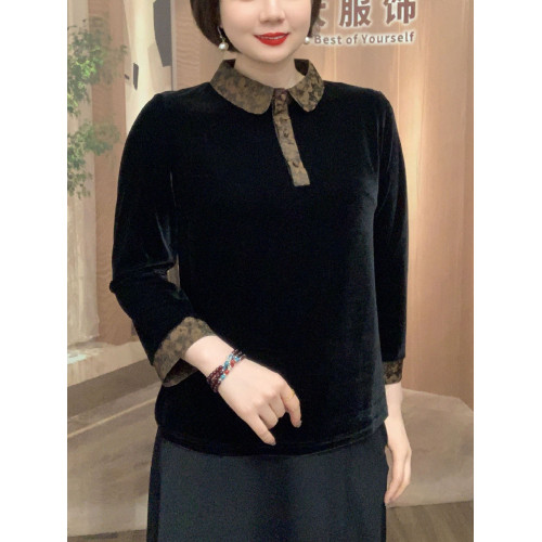 春季新款高檔金絲絨翻領大碼上衣媽媽襯衫顯瘦百搭中式小衫打底衫
