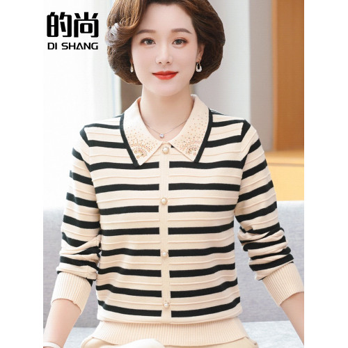 媽媽秋裝洋氣針織打底衫中年婦女長袖翻領上衣服中老年春秋兩件套