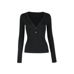 Bettychow羊毛坑條彈力打底衫黑色V領高級感氣質經典修身針織衫