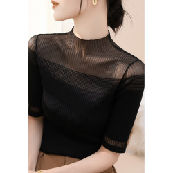 法式高級羊毛半高領網紗蕾絲鏤空上衣女春秋新款內搭針織打底衫薄