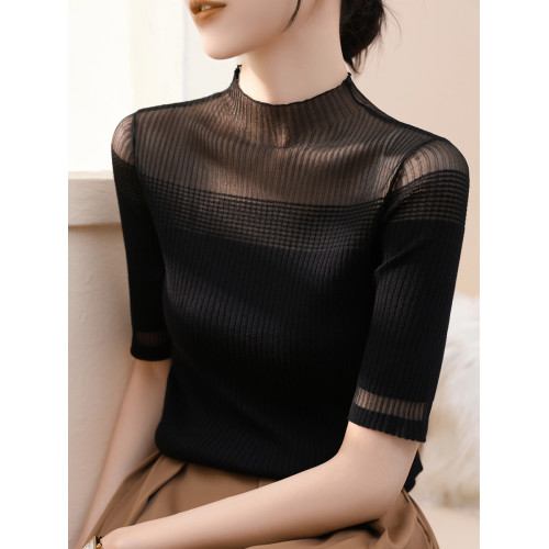 法式高級羊毛半高領網紗蕾絲鏤空上衣女春秋新款內搭針織打底衫薄