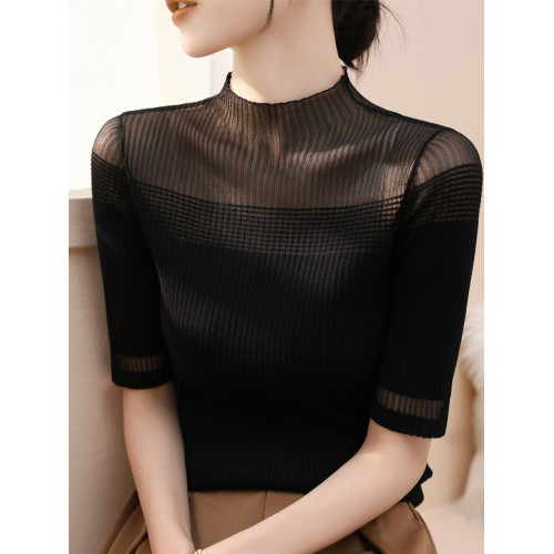 法式高級羊毛半高領網紗蕾絲鏤空上衣女春秋新款內搭針織打底衫薄