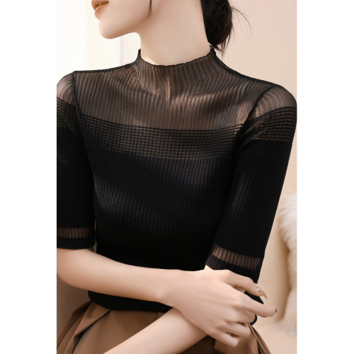 法式高級羊毛半高領網紗蕾絲鏤空上衣女春秋新款內搭針織打底衫薄