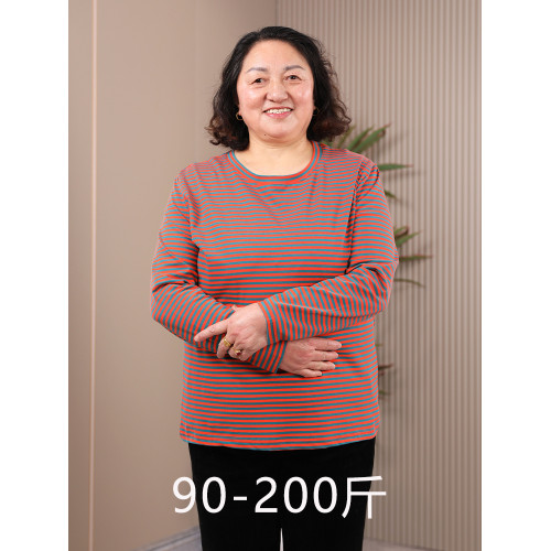 中老年媽媽秋衣60嵗老年人純棉條紋上衣外穿大碼200斤長袖打底衫