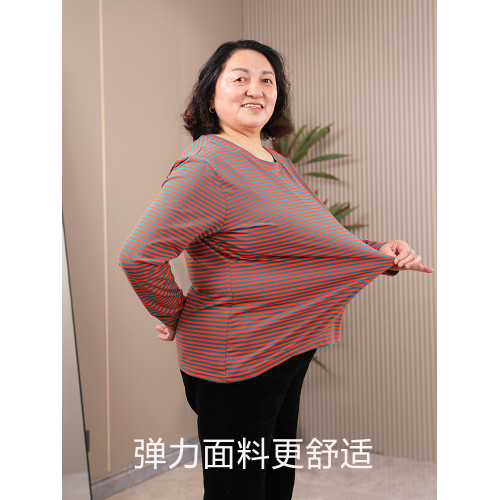 中老年媽媽秋衣60嵗老年人純棉條紋上衣外穿大碼200斤長袖打底衫