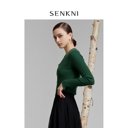 SENKNI聖可尼V領綿羊毛針織衫春秋裝新款美拉德上衣女打底衫外穿