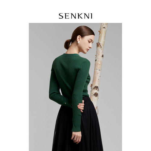 SENKNI聖可尼V領綿羊毛針織衫春秋裝新款美拉德上衣女打底衫外穿