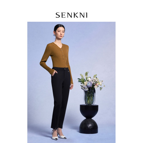SENKNI聖可尼V領綿羊毛針織衫春秋裝新款美拉德上衣女打底衫外穿