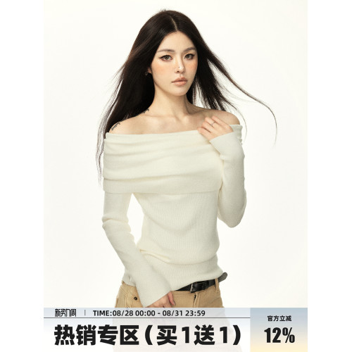 Aaisup 辣妹一字露肩針織打底衫女2025春秋新款修身顯瘦白色毛衣