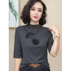 洋氣系帶短袖T恤女2025夏季媽媽裝圓領時尚小衫純色減齡寬松上衣