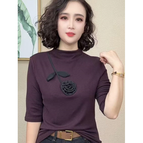 洋氣系帶短袖T恤女2025夏季媽媽裝圓領時尚小衫純色減齡寬松上衣
