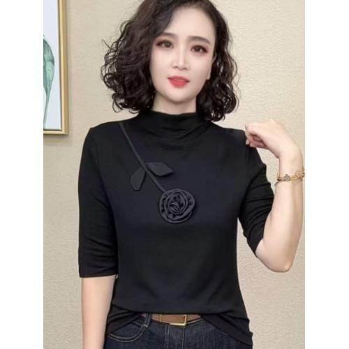 洋氣系帶短袖T恤女2025夏季媽媽裝圓領時尚小衫純色減齡寬松上衣