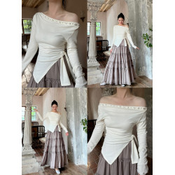 【折釦季】芍子 珍珠T 原創一字肩不規則斜領長袖針織上衣打底衫