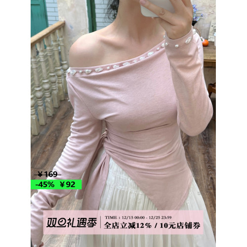 【折釦季】芍子 珍珠T 原創一字肩不規則斜領長袖針織上衣打底衫