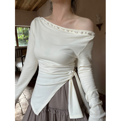 【折釦季】芍子 珍珠T 原創一字肩不規則斜領長袖針織上衣打底衫