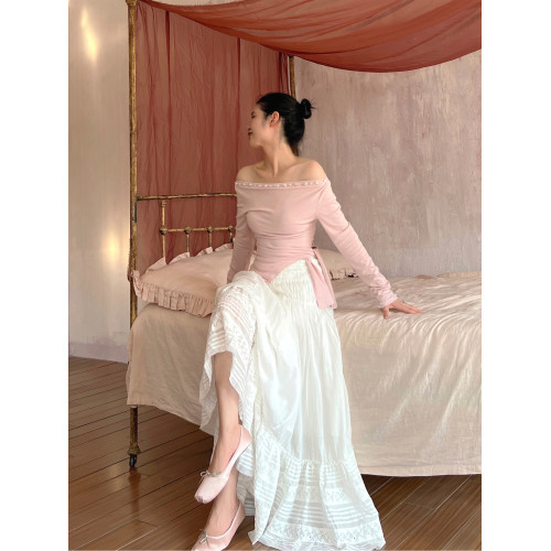 【折釦季】芍子 珍珠T 原創一字肩不規則斜領長袖針織上衣打底衫