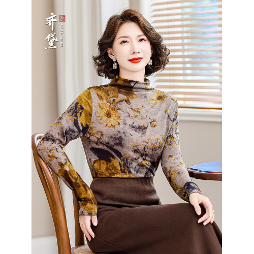 齊黛品牌媽媽水溶羊毛打底衫半高領長袖印花保暖套頭百搭針織衫