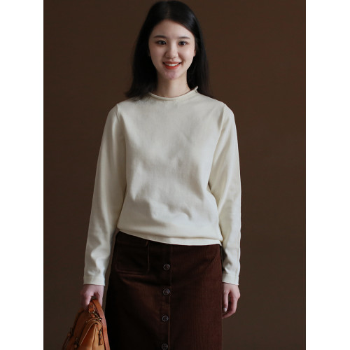 三五年Y480森系純棉線針織打底衫春秋純色圓領長袖打底套頭女上衣