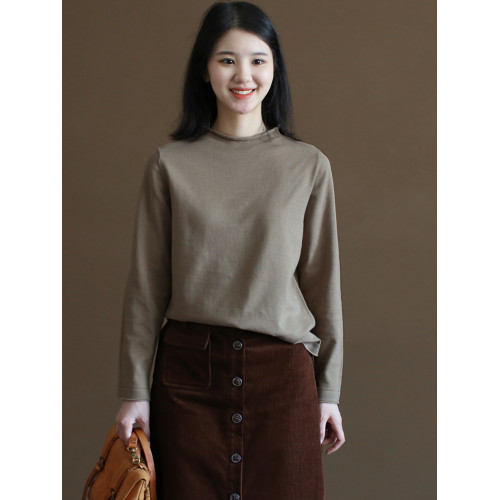 三五年Y480森系純棉線針織打底衫春秋純色圓領長袖打底套頭女上衣