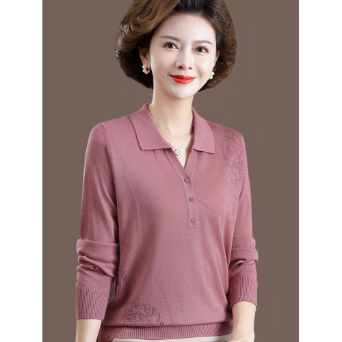 恒源祥媽媽秋裝上衣2024新款時尚打底衫中老年女春秋薄款針織小衫