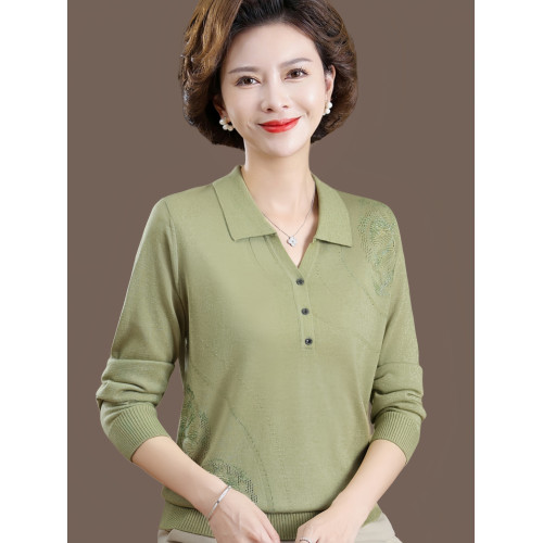 恒源祥媽媽秋裝上衣2024新款時尚打底衫中老年女春秋薄款針織小衫