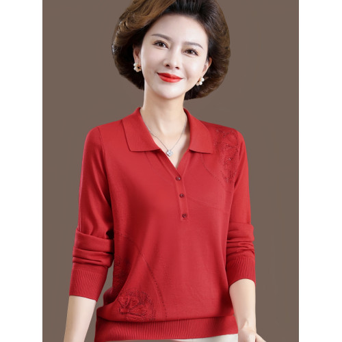恒源祥媽媽秋裝上衣2024新款時尚打底衫中老年女春秋薄款針織小衫