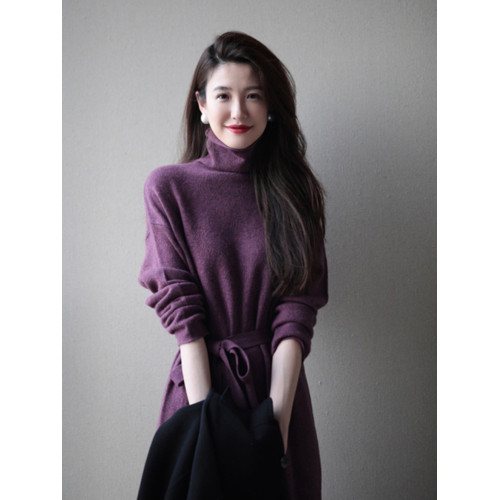 秋冬羊絨衫女高領毛衣中長款連衣裙套頭純色寬松羊毛針織打底衫