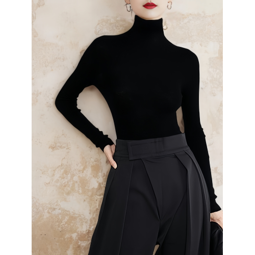 Basic House/百家好100%全羊毛高領針織打底衫女早秋修身內搭毛衣