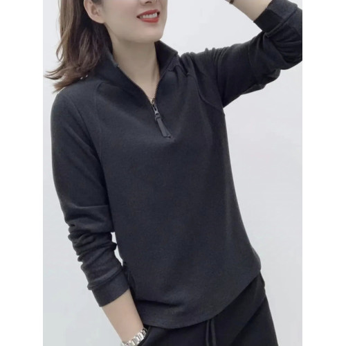 2025春秋新款加厚保暖立領雙面德絨打底衫女百搭長袖半拉鍊上衣