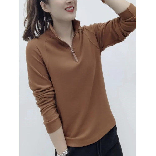 2025春秋新款加厚保暖立領雙面德絨打底衫女百搭長袖半拉鍊上衣
