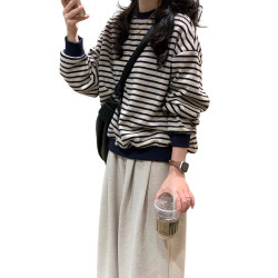 拉夏貝爾復古條紋無帽衛衣女春秋2025新款打底衫加絨加厚長袖上衣