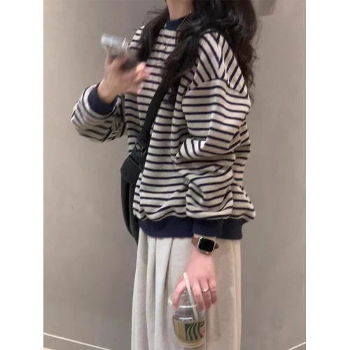 拉夏貝爾復古條紋無帽衛衣女春秋2025新款打底衫加絨加厚長袖上衣