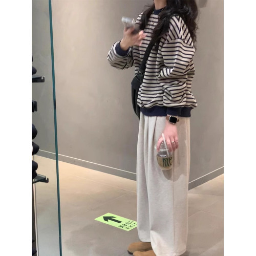 拉夏貝爾復古條紋無帽衛衣女春秋2025新款打底衫加絨加厚長袖上衣