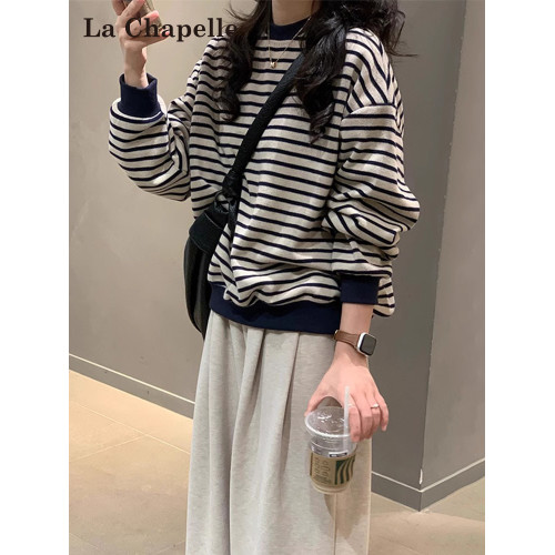拉夏貝爾復古條紋無帽衛衣女春秋2025新款打底衫加絨加厚長袖上衣