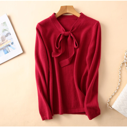 秋冬新款韓版山羊絨衫女V領本命年紅色毛衣飄帶蝴蝶結針織打底衫