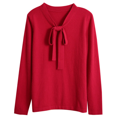 秋冬新款韓版山羊絨衫女V領本命年紅色毛衣飄帶蝴蝶結針織打底衫