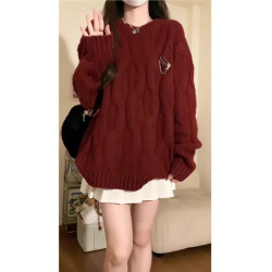紅色毛衣女秋冬麻花高中初中學生女孩本命年好大童加厚針織打底衫