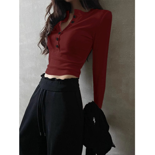 亨利領針織衫2025秋裝新款女裝辣妹修身短款內搭半開領打底衫上衣