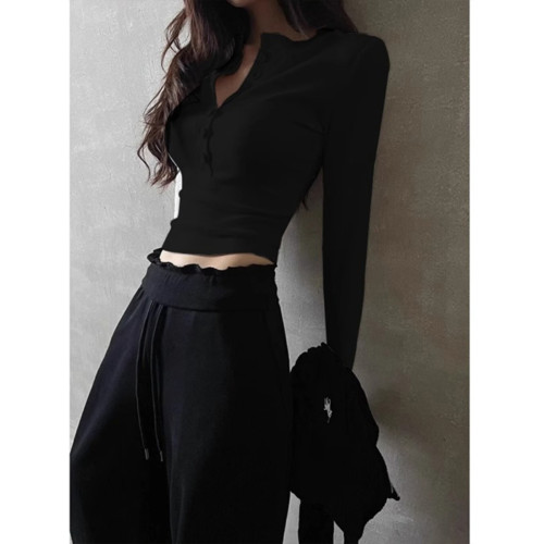 亨利領針織衫2025秋裝新款女裝辣妹修身短款內搭半開領打底衫上衣